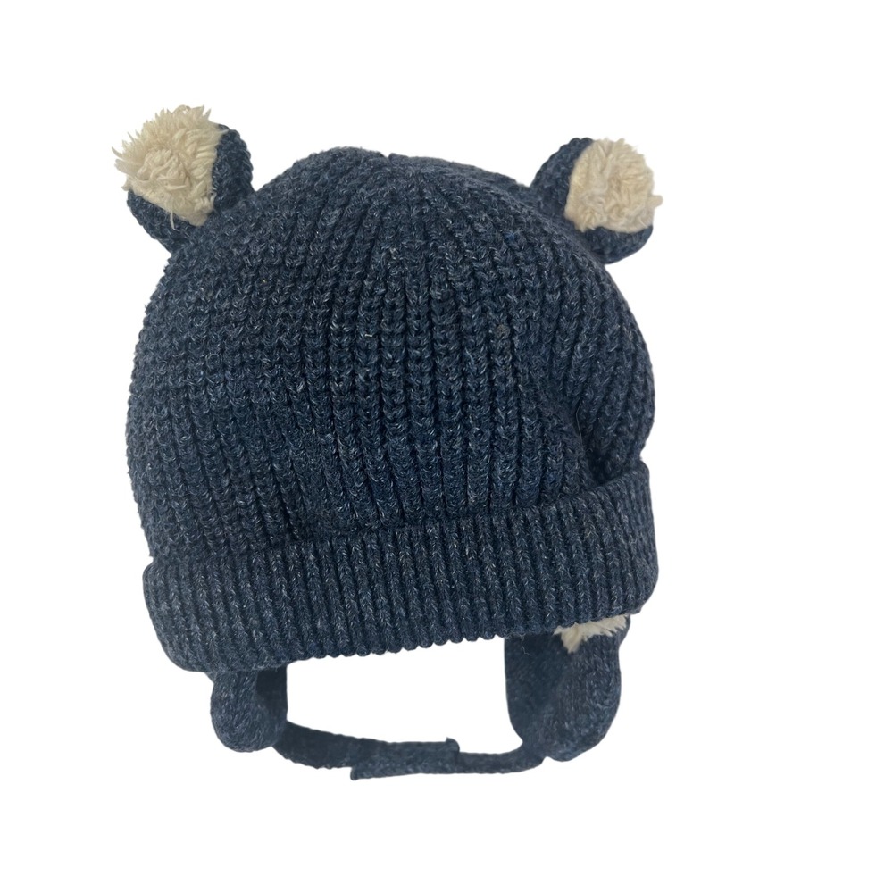 Baby Gap Blue Heather Knit Sherpa Lined Bear‎ Ear Trapper Beanie Hat 6-12M
